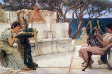 sappho ancient greek poet seen here at left in the painting sappho and alcaeus painted by lawrence alma tadema in 1881