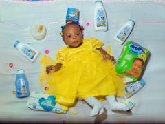 baby in yellow dress lying on bed