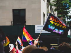 people holding flaglets near building