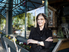 Louise Erdrich out­side her books­tore, Birchbark Books, in Minneapolis.